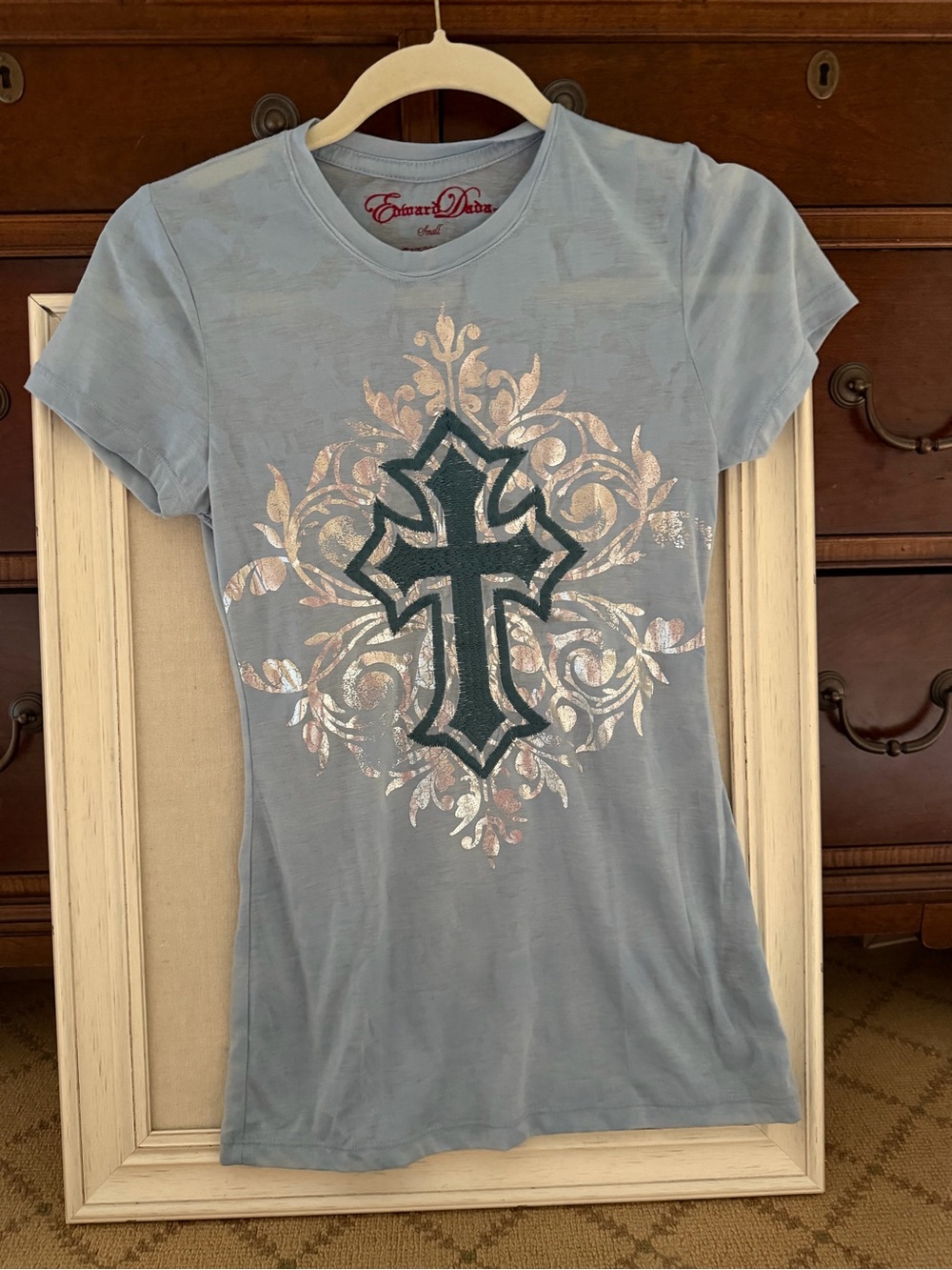 Vintage Edward Dada blue gray T-shirt w metallic details NWOT S